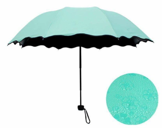 a cyan colored umbrella that is open 